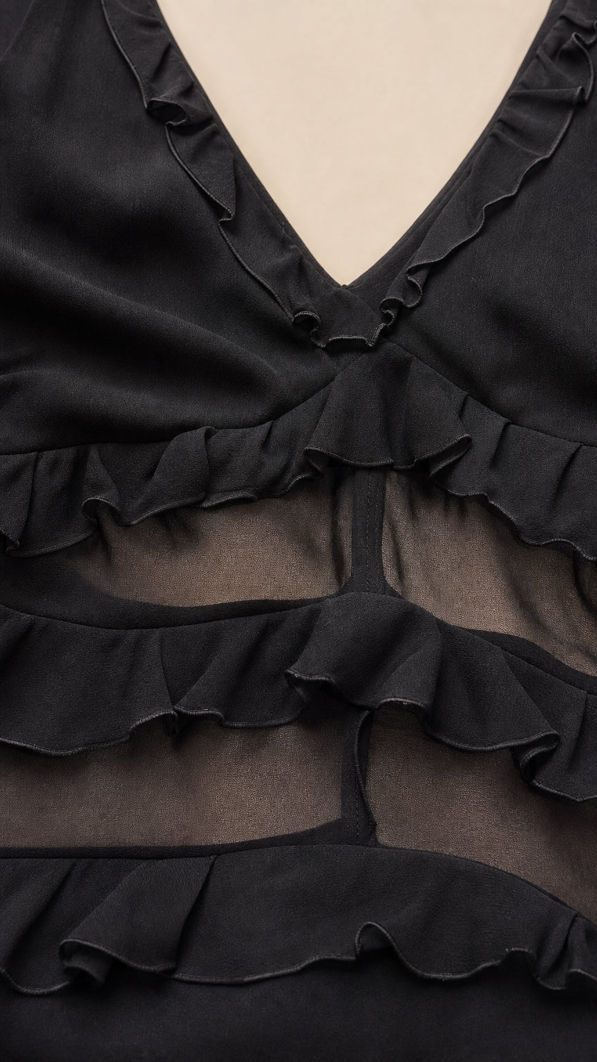 Close-up detail of V-neckline, ruffles, and sheer mesh panels