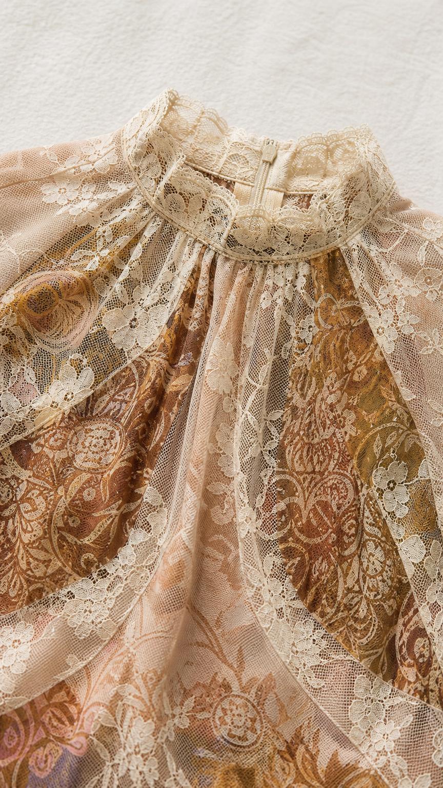 Close-up detail of the high lace neckline and delicate patterned fabric