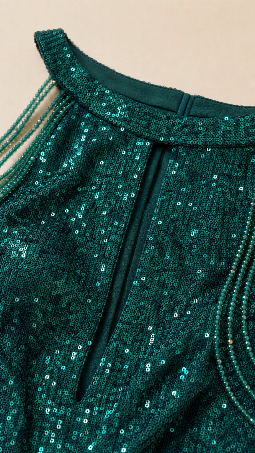 Close-up of emerald green sequin neckline and beaded straps