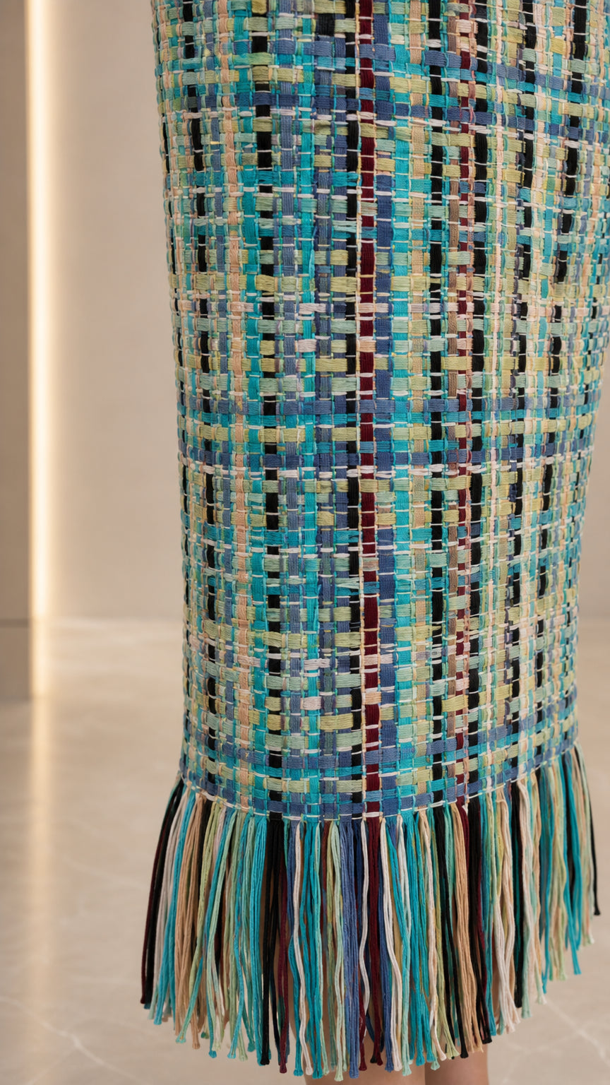 Close-up detail of tweed texture and fringe hemline