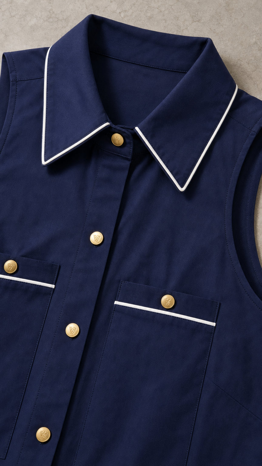 Close-up of navy collared top with white piping and gold-tone buttons