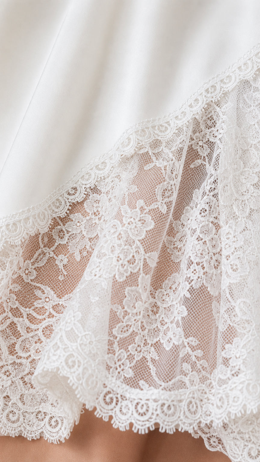 Close-up detail of White floral lace hem