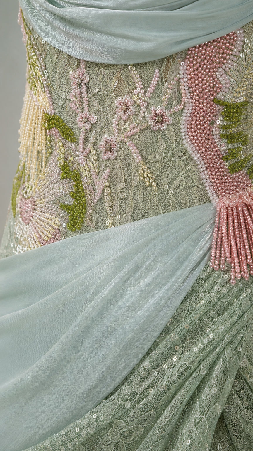 Close-up detail of floral beaded embroidery on mint green gown