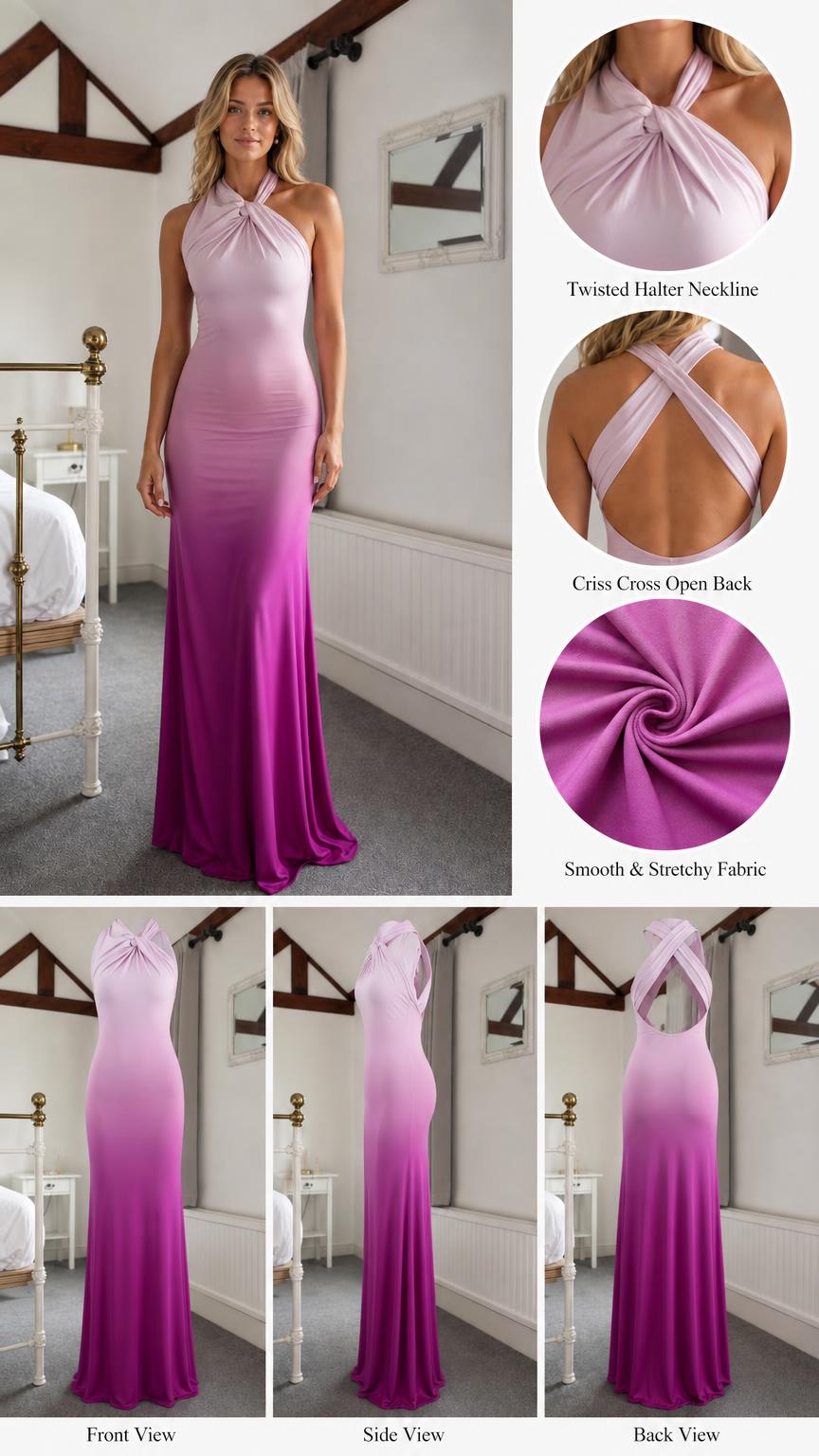 Detailed close-ups of twisted neckline, open back, and fabric texture