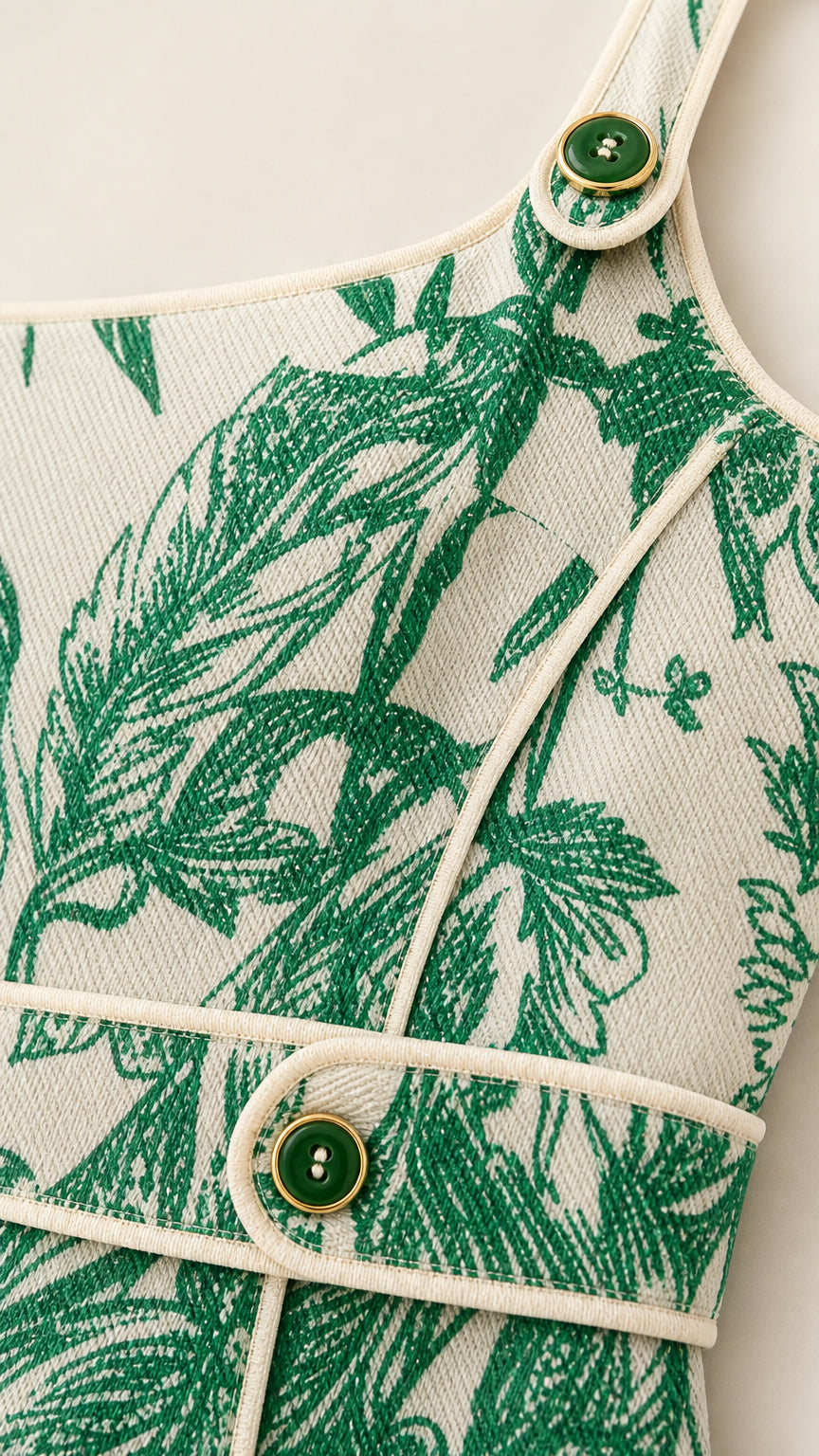 Close up of button and piping detail on botanical dress