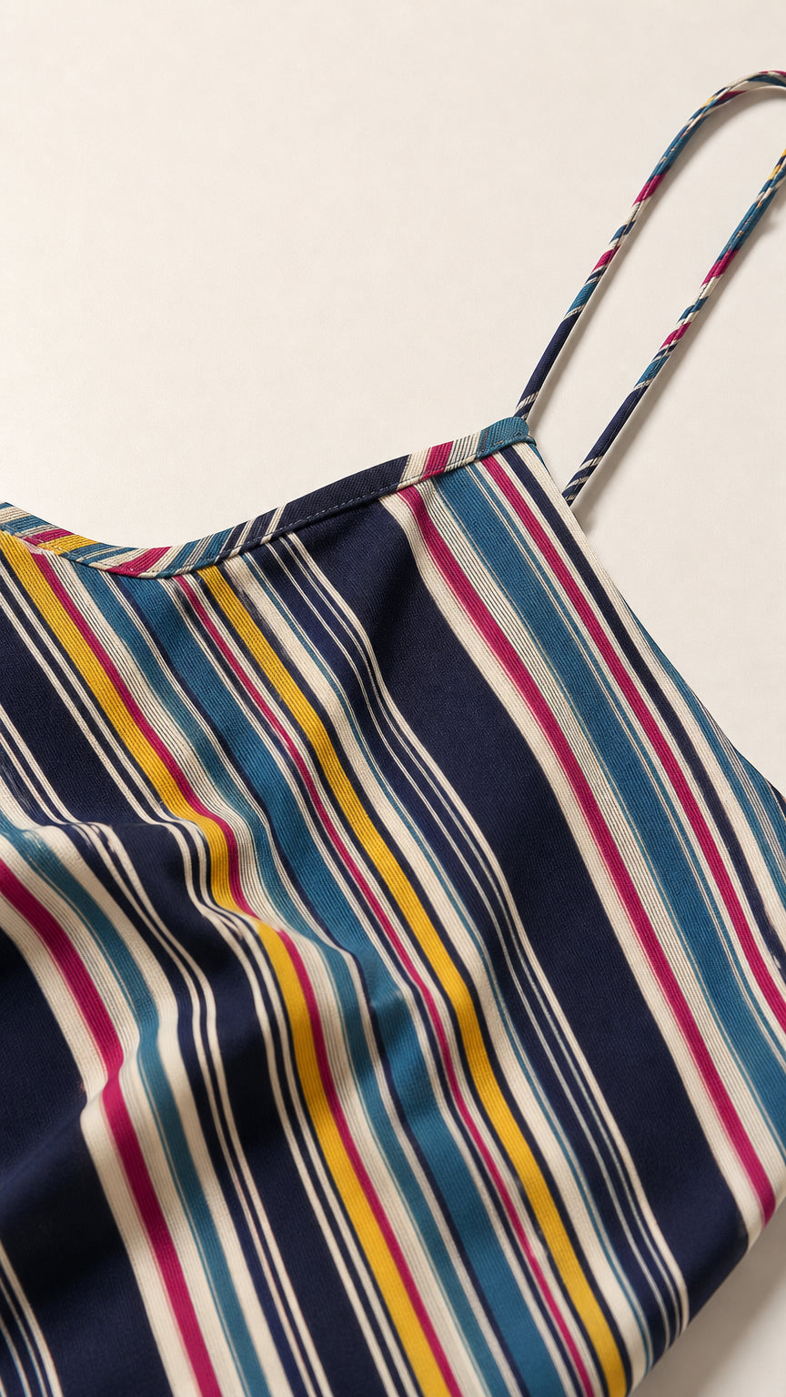 Close-up detail of fabric pattern and spaghetti strap on multi stripe dress