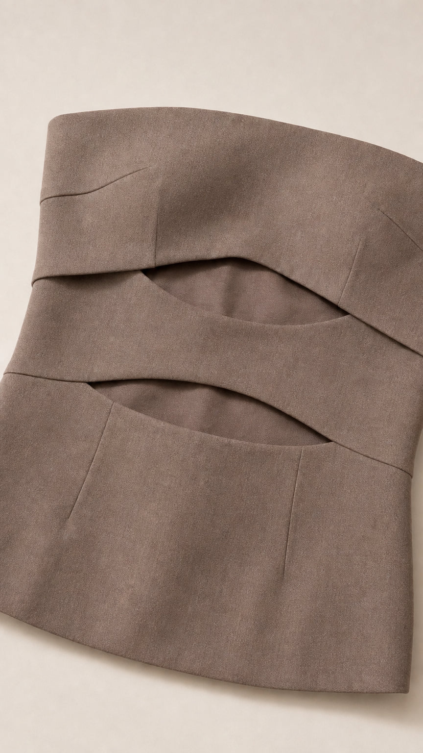 Close-up of taupe top texture and cut-out detail