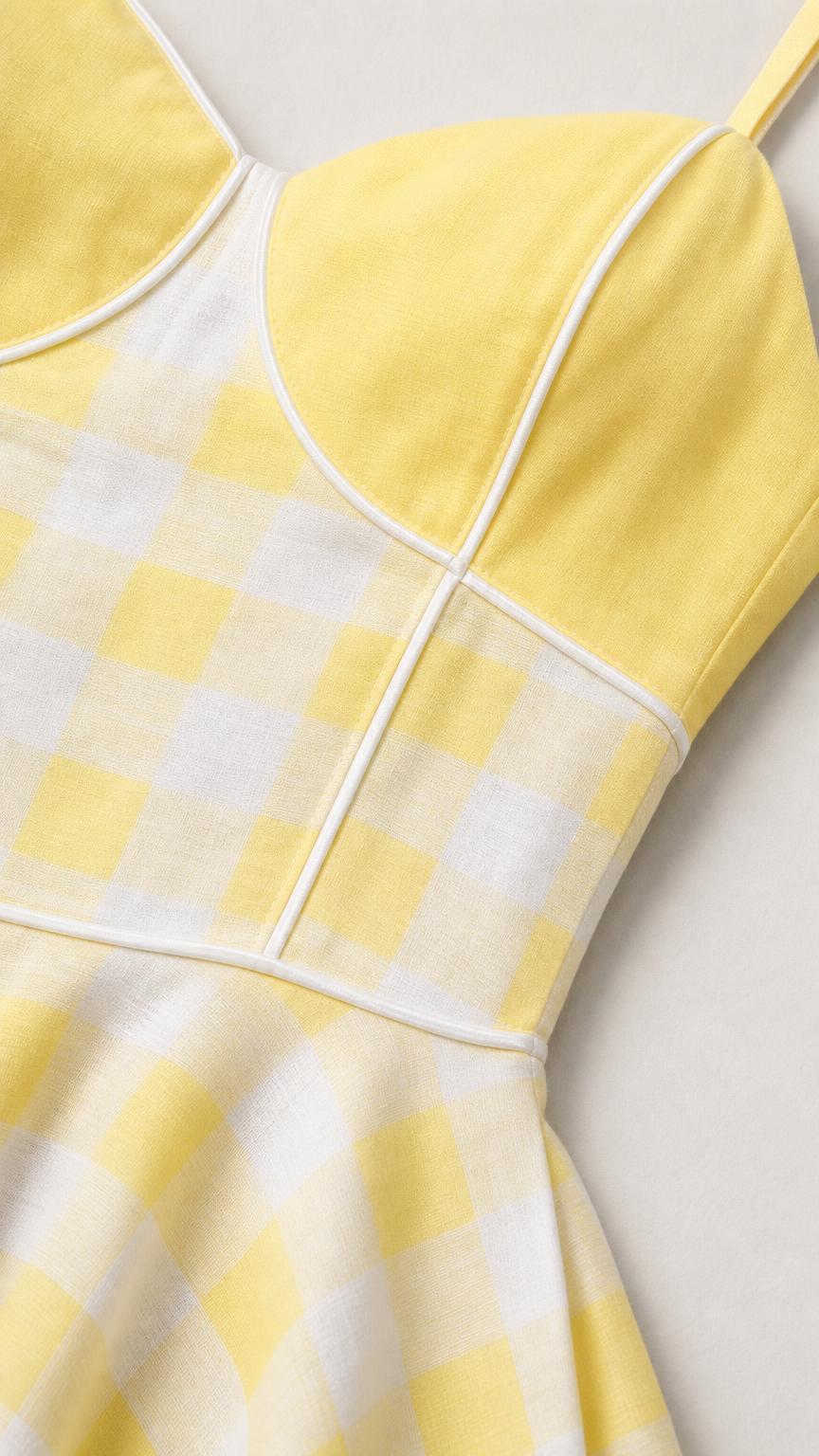 Close-up of structured bodice with white piping on yellow gingham dress