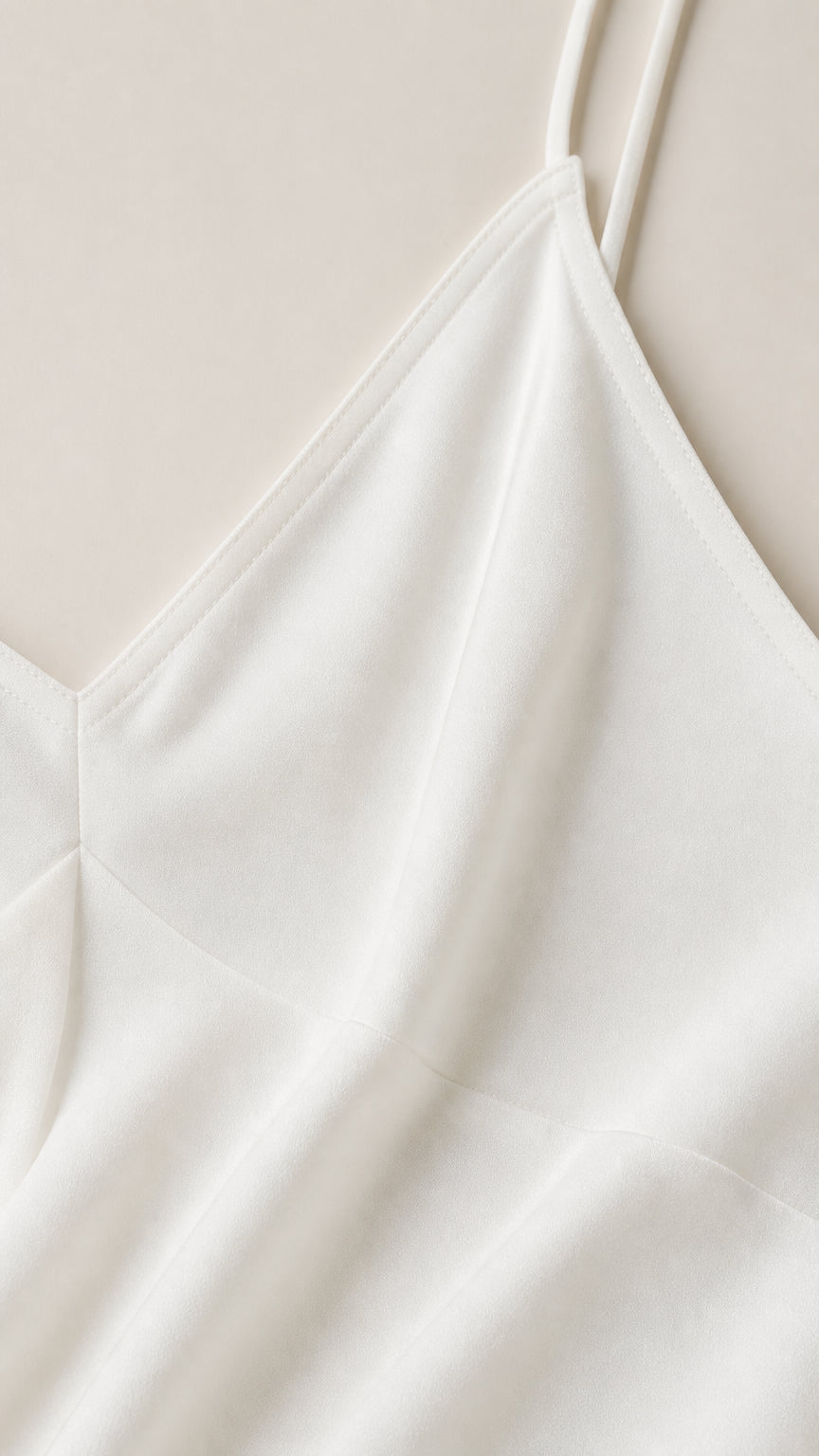Close-up detail of smooth white fabric and spaghetti strap