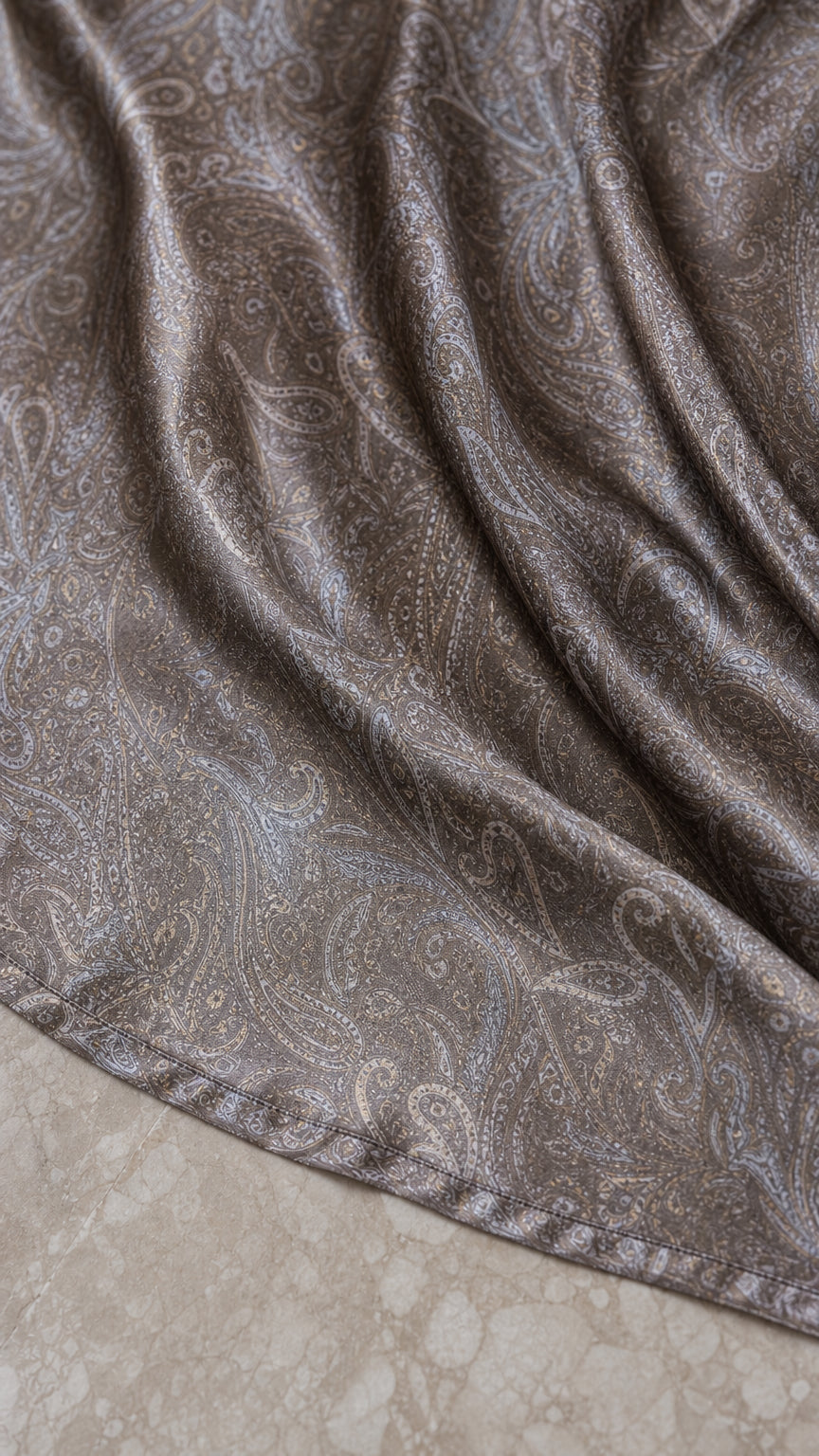 Close-up texture view of taupe paisley satin fabric