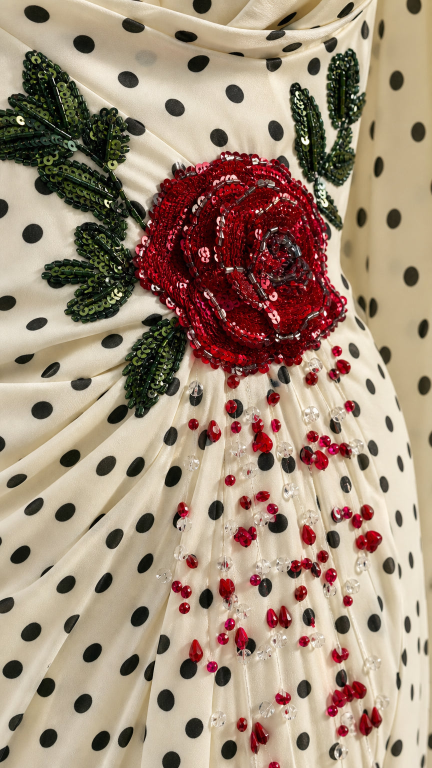 Close-up detail of 3D red rose embroidery and beading on polka dot gown