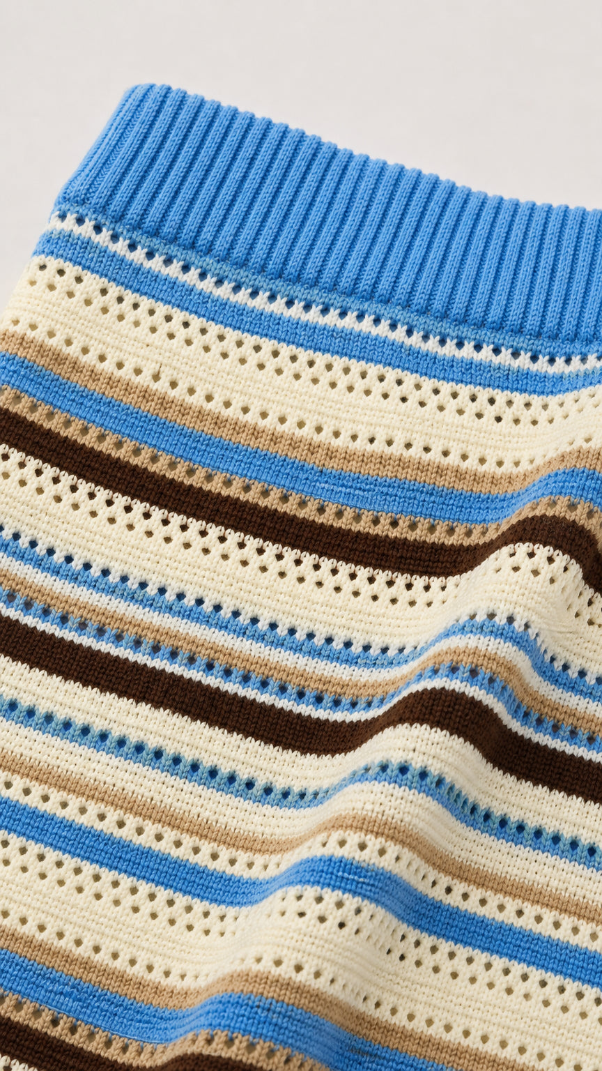 Close-up detail of blue multi open-stitch striped knit texture