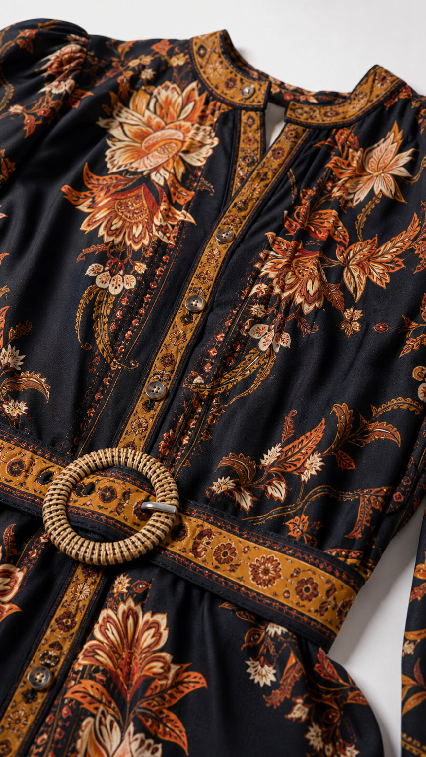 Close-up detail of neckline and belt on black dress