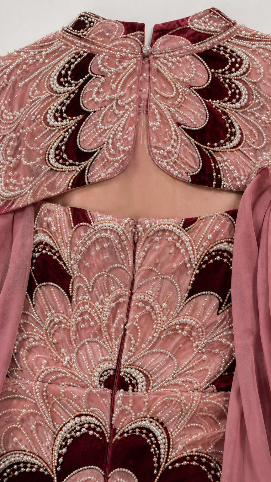 Close-up of the beaded collar and upper back closure detail
