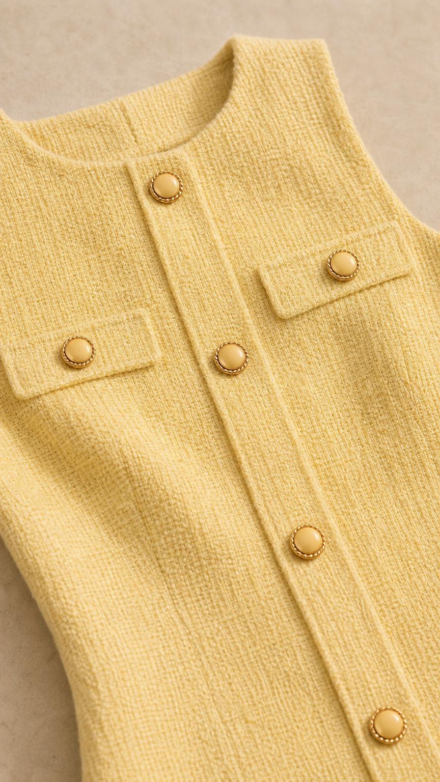 Close-up detail of buttons and fabric texture on yellow dress