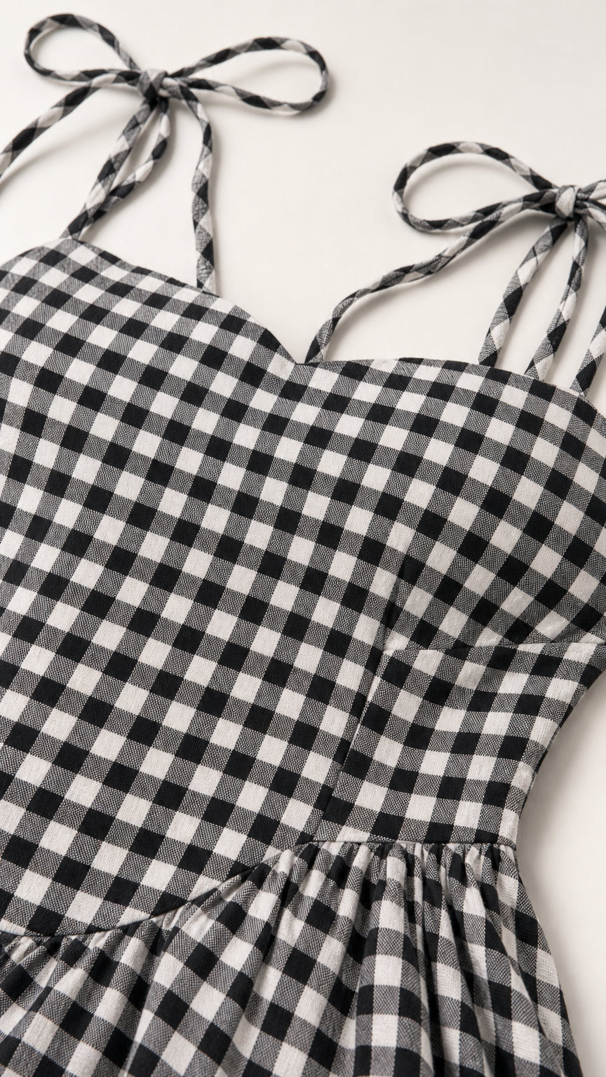 Close-up of fabric texture and tie straps on gingham dress
