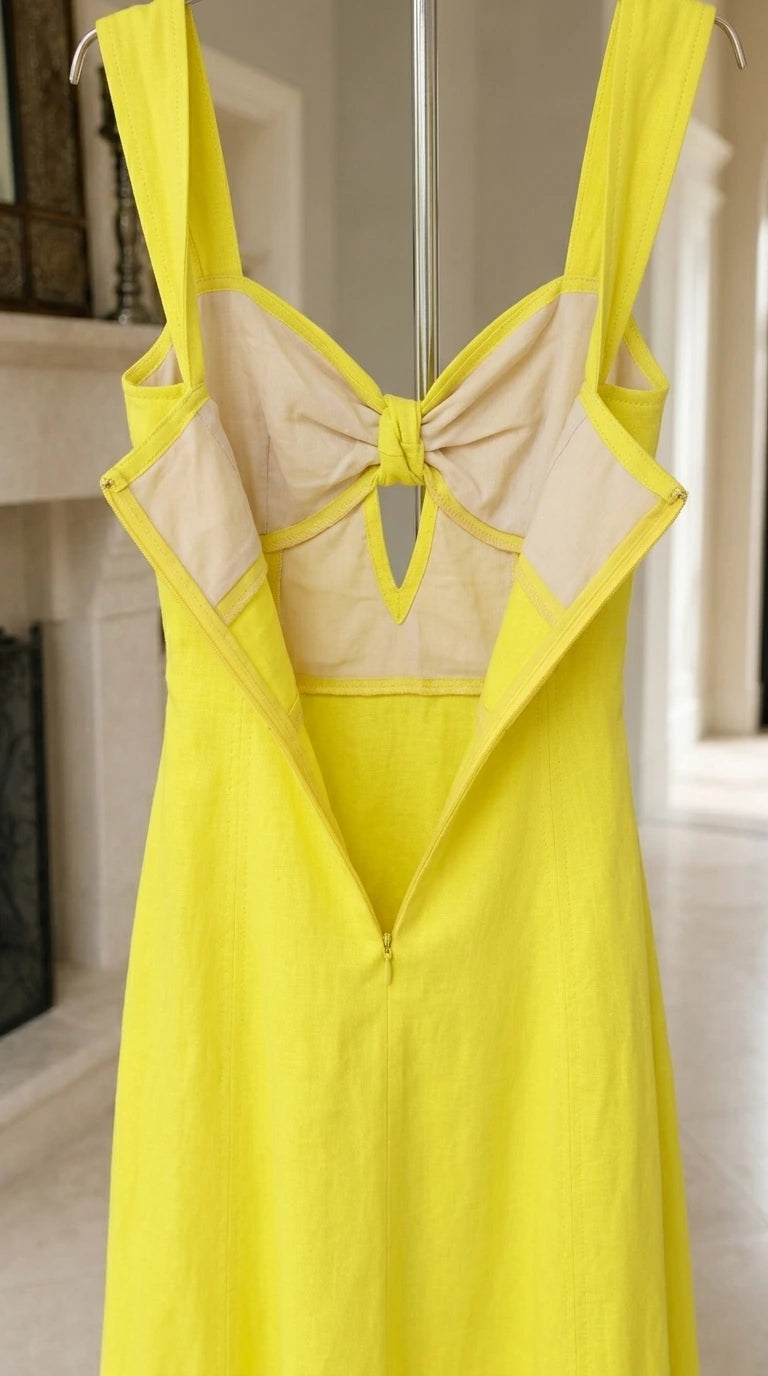 Close-up of zipper and back interior construction of yellow dress