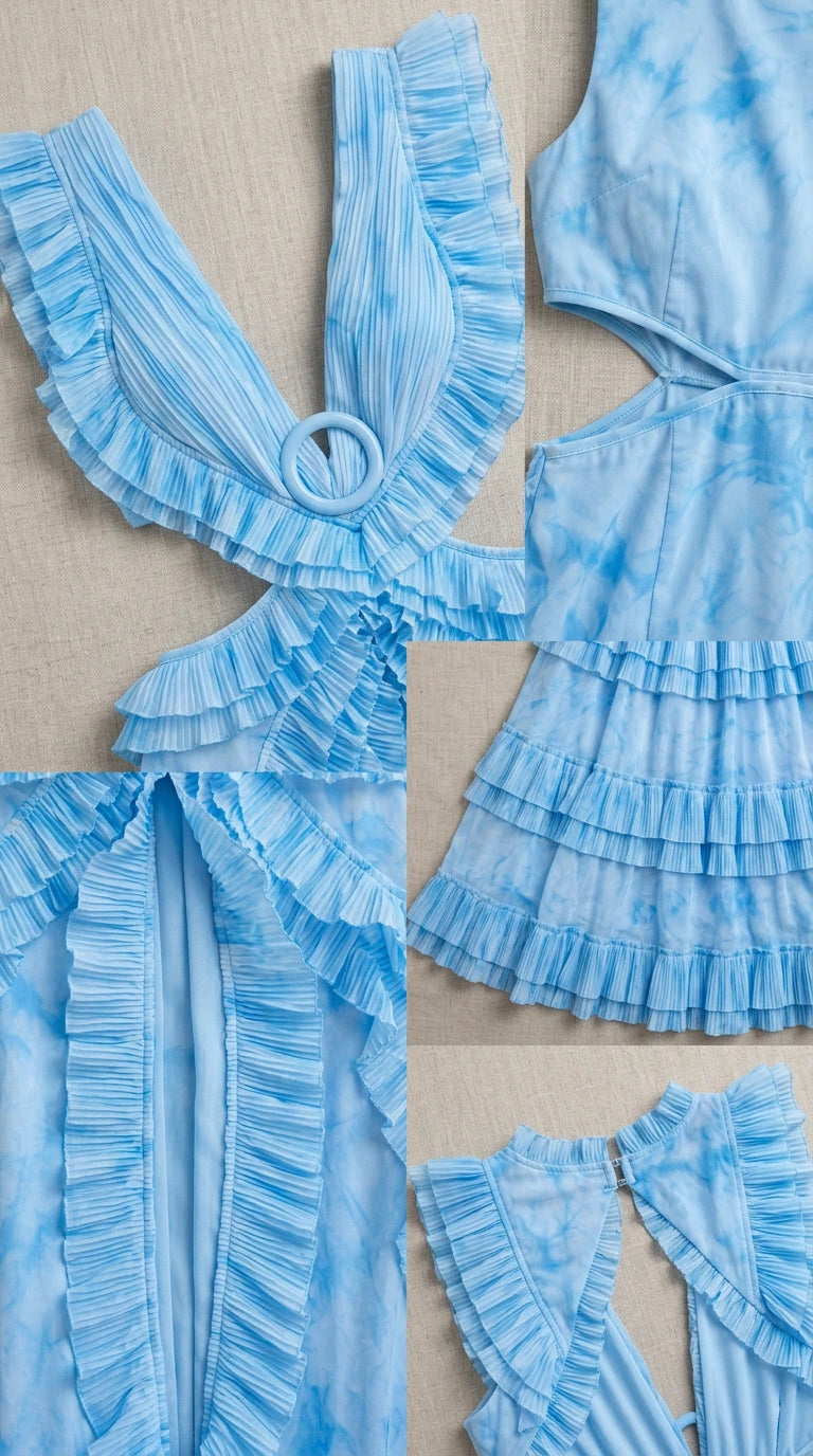 Close-up details of fabric, ruffles, and ring accent on light blue dress