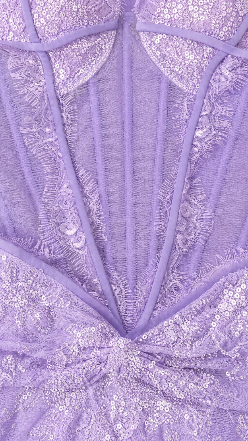 Close-up detail of the sheer boned corset bodice and lace appliques