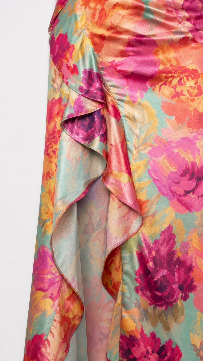 Close-up detail of satin fabric and ruffled hemline