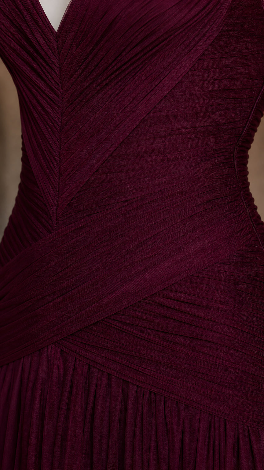 Close-up detail of textured fabric and criss-cross bodice ruching on burgundy dress