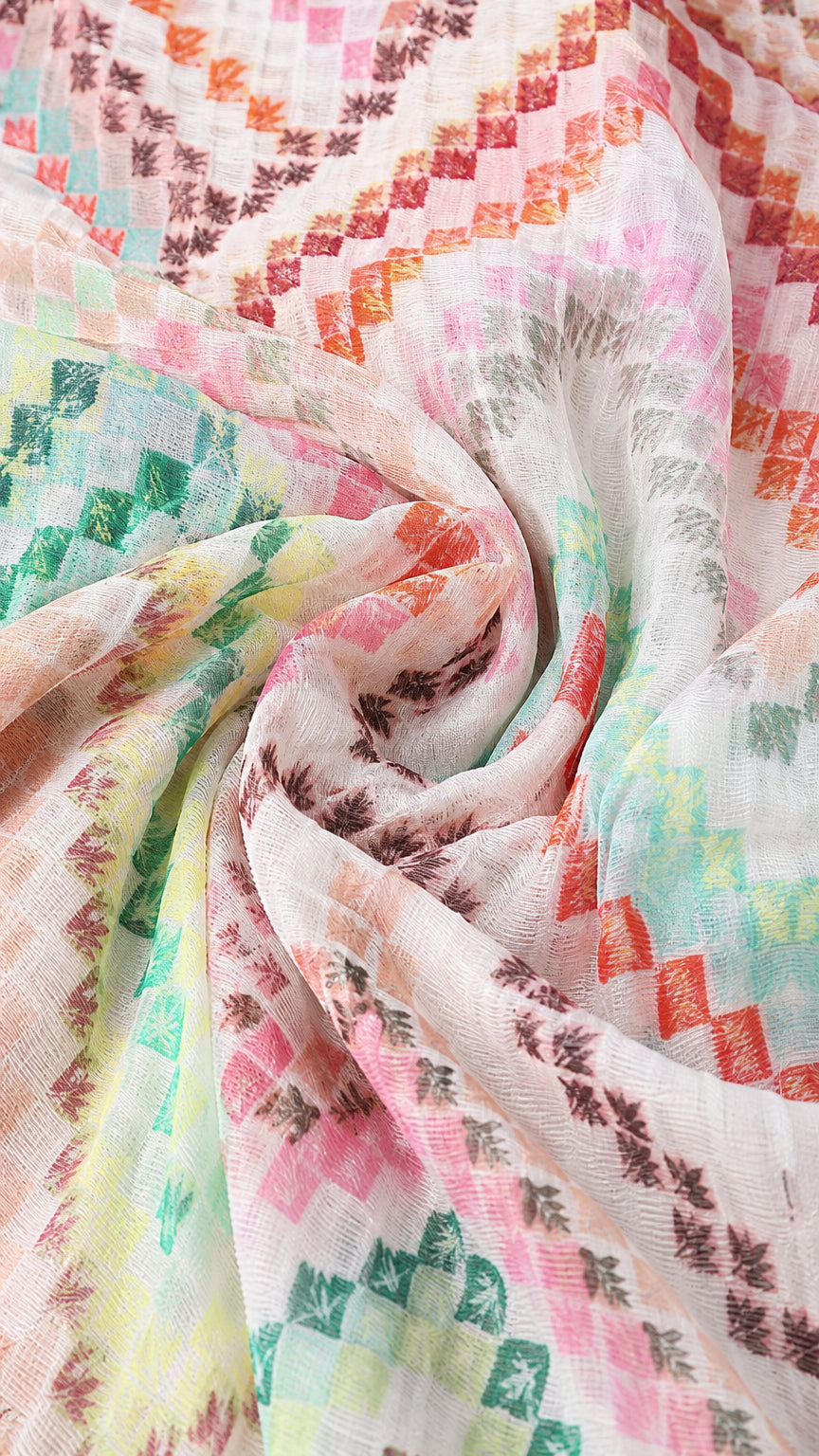 Close-up texture view of the multi-color chevron patterned fabric