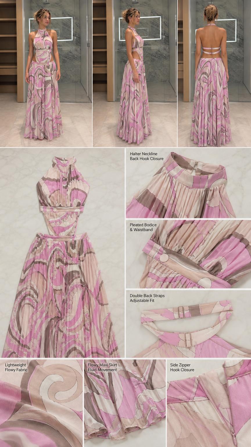 Detail view showing close-ups of neckline, pleating, straps, and fabric movement