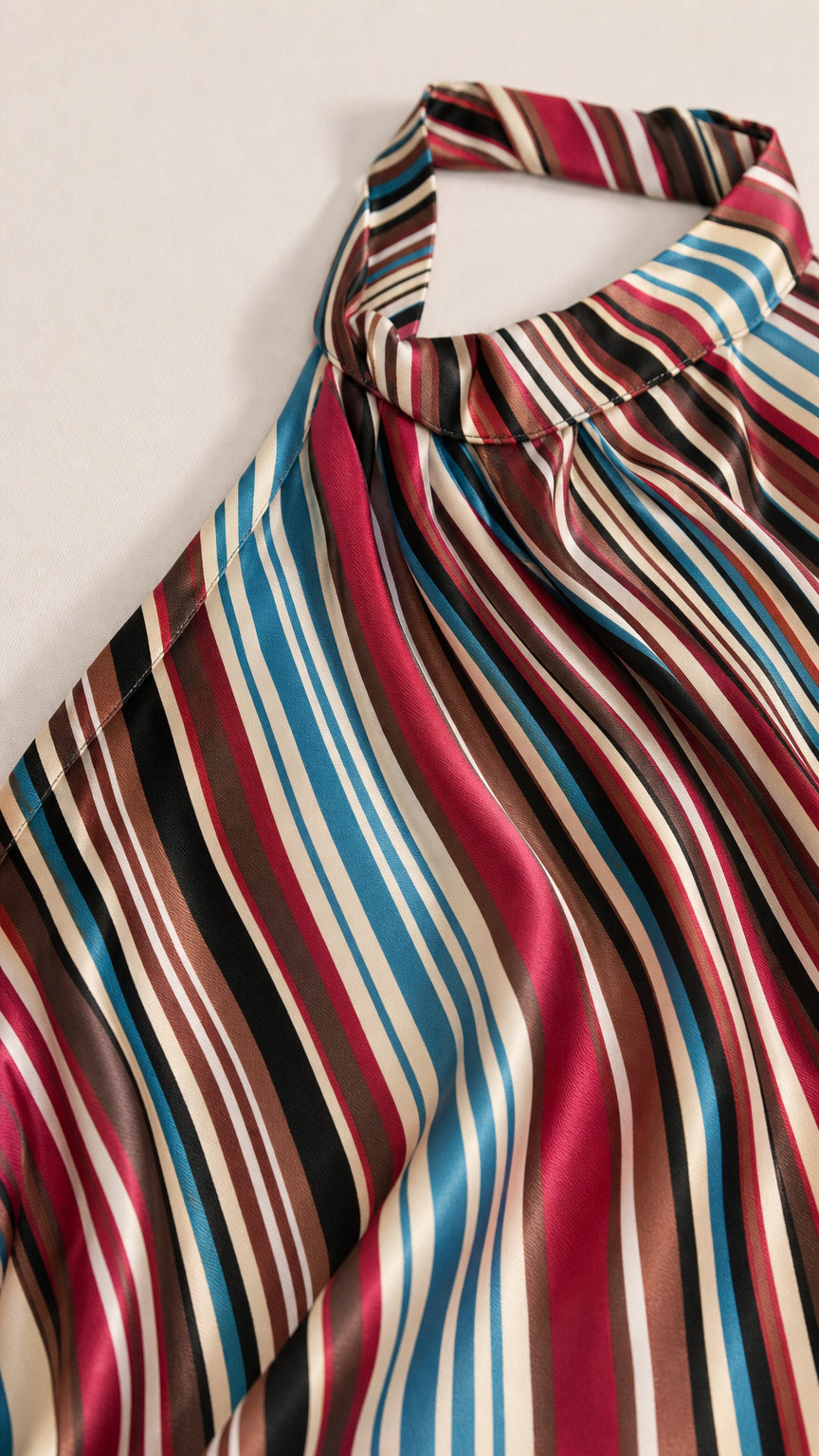 Close-up detail of the satin-finish halter neckline and multi-color stripes
