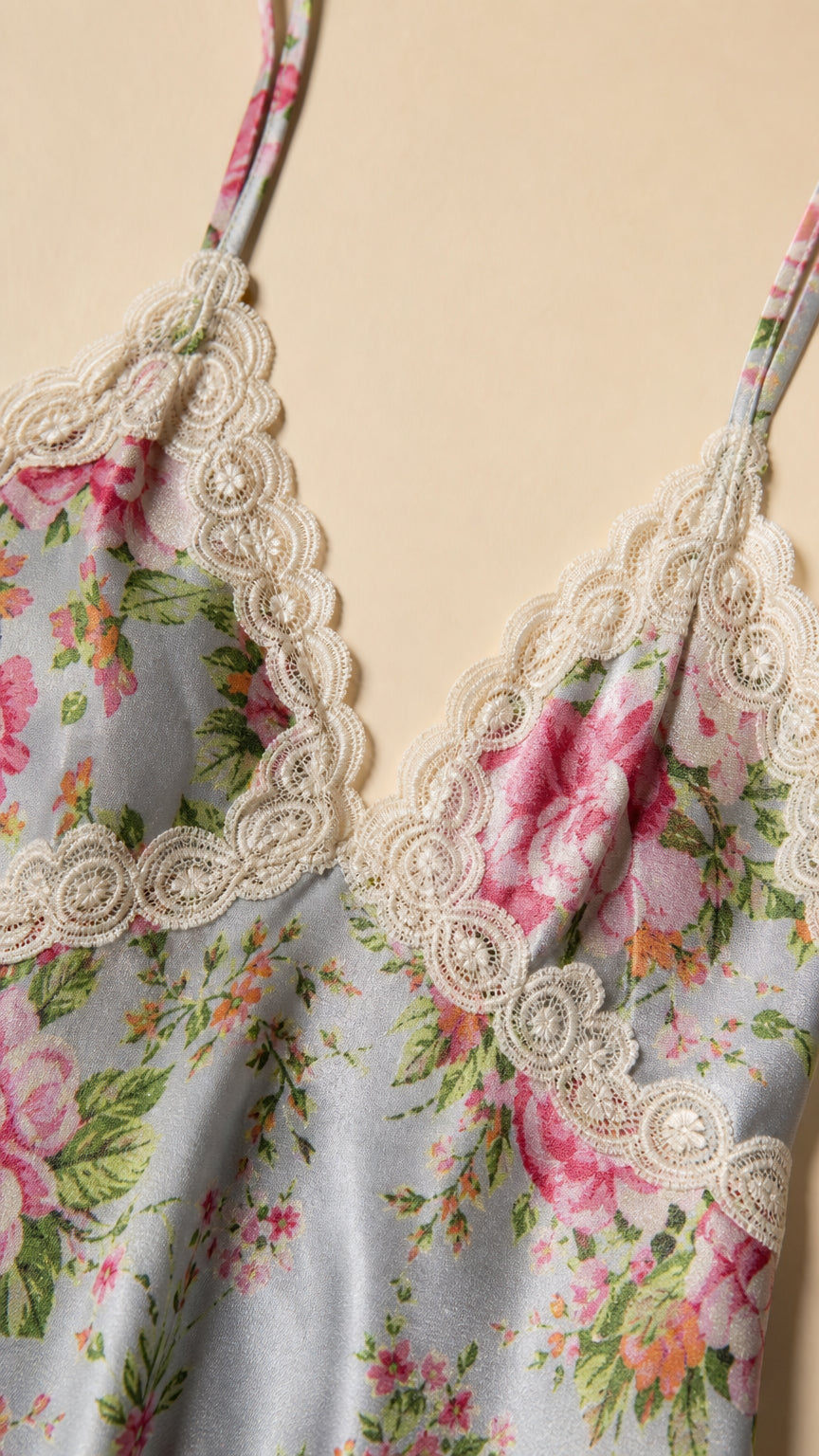Close-up detail of V-neckline with scalloped lace trim on floral slip dress