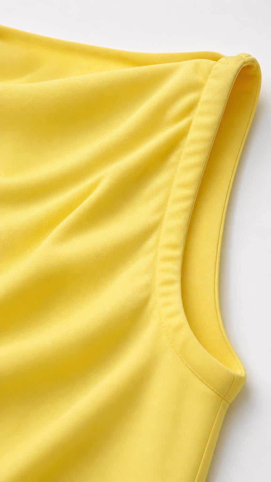 Close-up of smooth yellow fabric and neckline stitching
