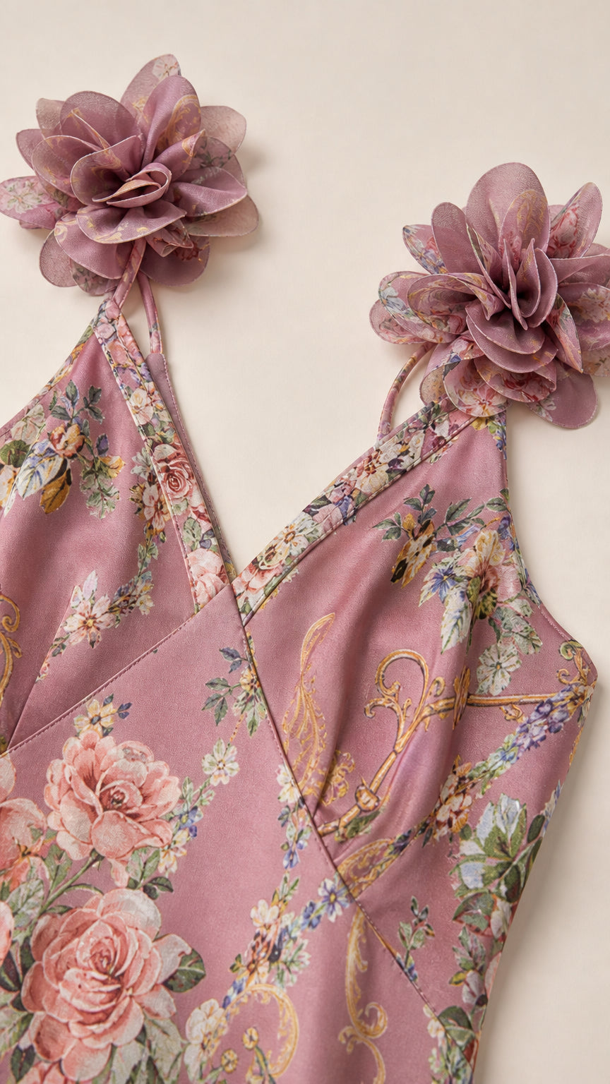 Close-up detail of floral print fabric, V-neckline, and 3D flower shoulder straps