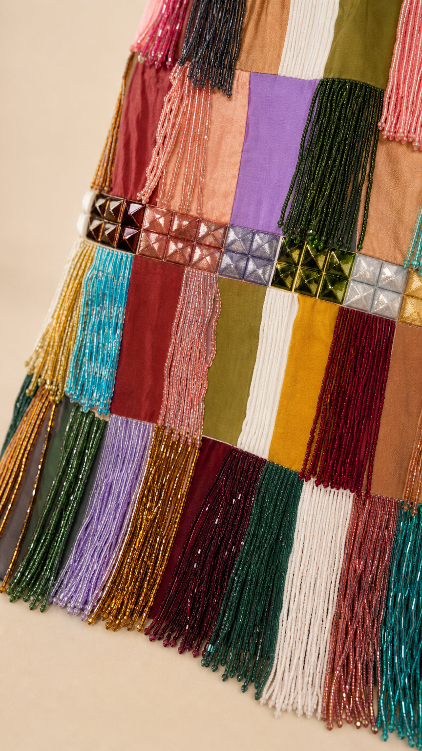 Close-up of beadwork and fringe details on patchwork dress