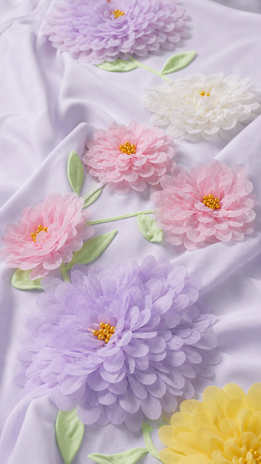 Close-up detail of multi-colored 3D fabric flowers and stems