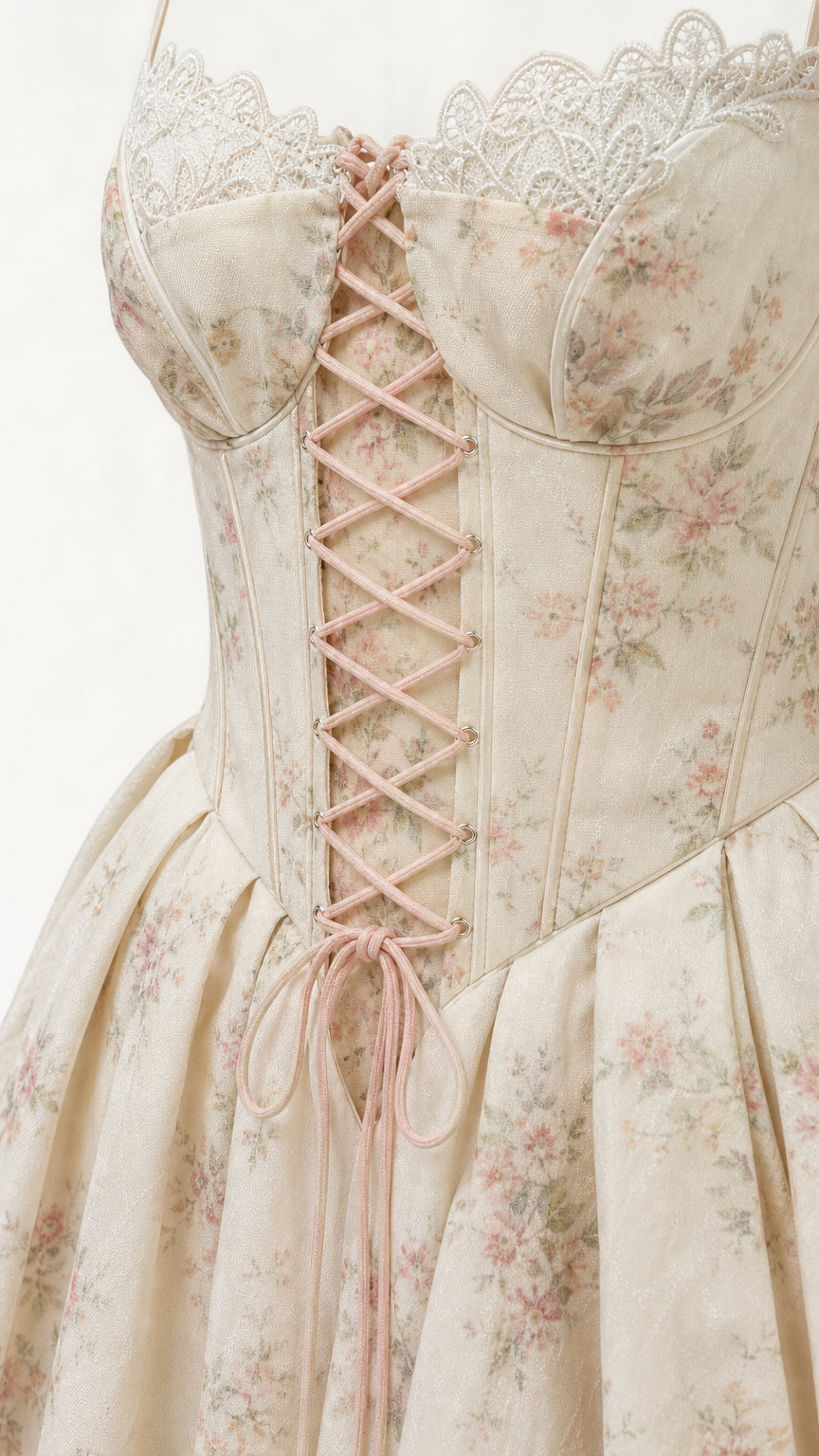 Close-up detail of lace-up corset bodice and floral print