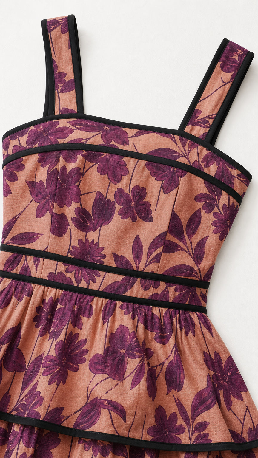 Close-up of square neckline and floral fabric pattern with contrast piping