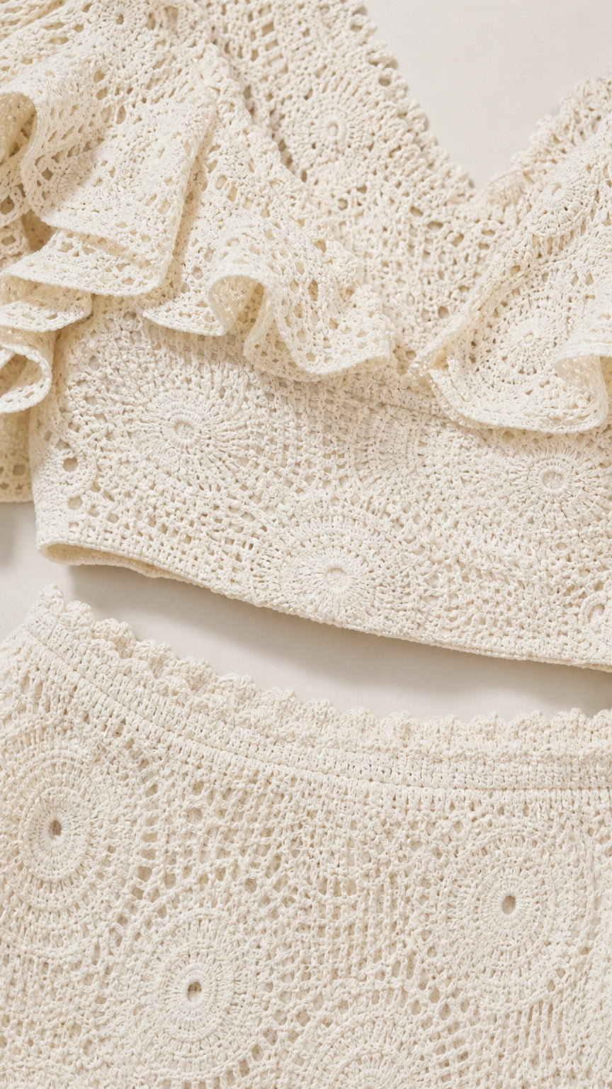 Close-up detail of the crochet texture and ruffle neckline