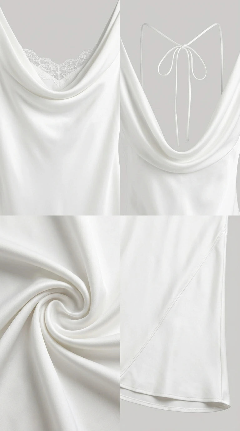 Close-up details of cowl neck, lace trim, fabric texture, and hem