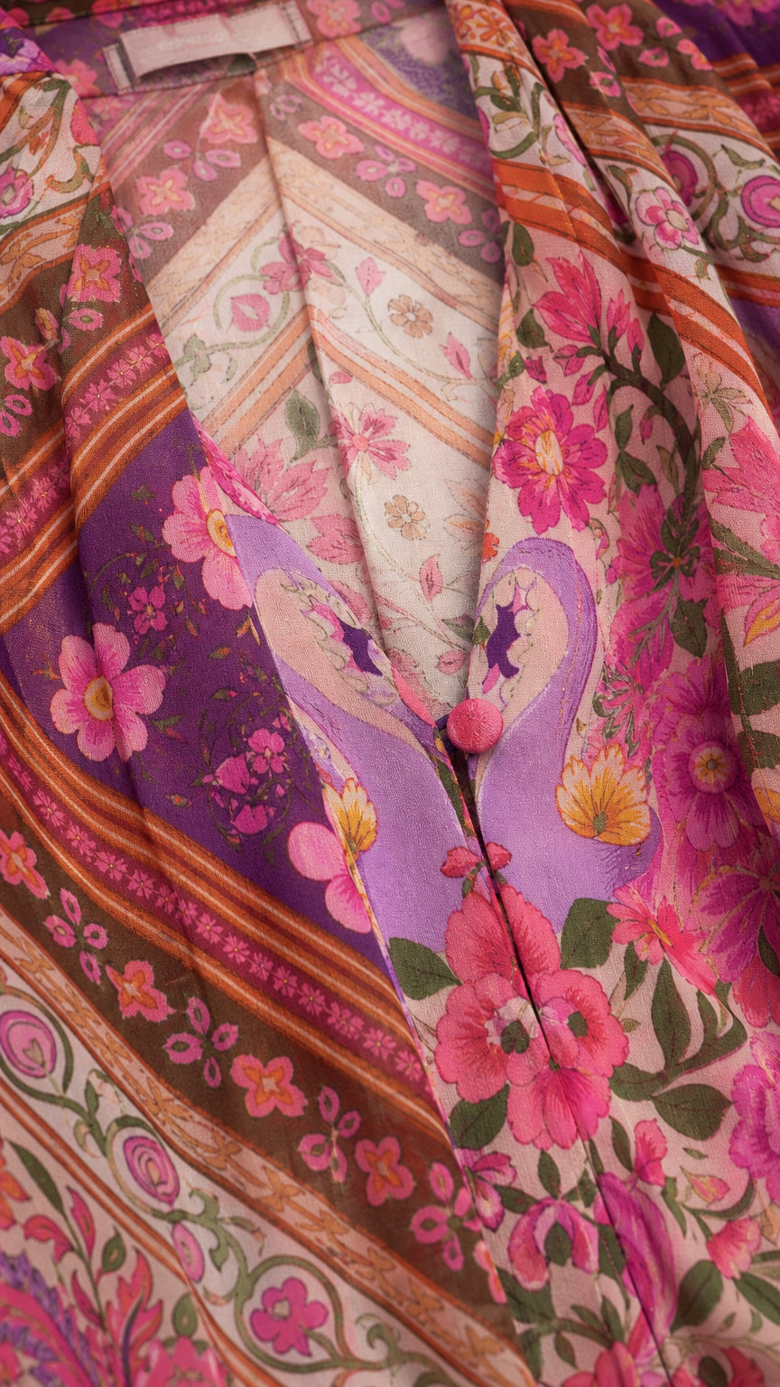 Close-up detail of button front and floral print on maxi dress