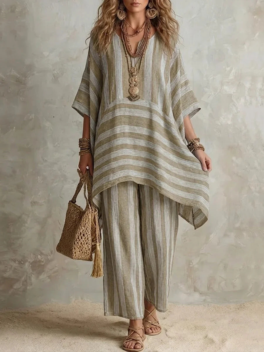 Boho Striped Poncho Top & Wide-Leg Pants Two-Piece Set